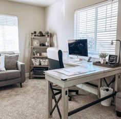 a home office with two couches and a computer desk in the middle of the room