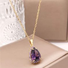 New Gold Plated Stainless Steel Purple Pear Shaped Pendant Necklace Lobster Clasp Closure With Extender Approx. 16-18” Purple Sapphire Necklace, Dark Purple Jewelry, Dr Jewelry, Purple Pendant Necklace, Fairy Halloween, Purple Pendant, Fairy Halloween Costumes, Pear Shaped Pendant, Necklace Purple