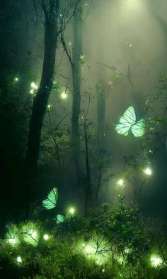 green butterflies glowing in the forest at night