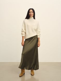 Bias-cut Korean silk skirt with an easy, uncomplicated fit. | Buck Mason Women's Sunset Silk Slip Skirt in Field Olive, Size XL Skirt Boots Outfit, White Slip Skirt, Silk Slip Skirt, Buck Mason, Fall Outerwear, Italian Dress, Denim Short Dresses, Skirts With Boots, Slip Skirt