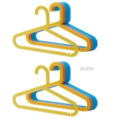 two yellow and one blue hangers are shown