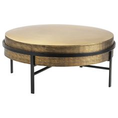 a gold and black coffee table with two circular tables on each side, one in the middle