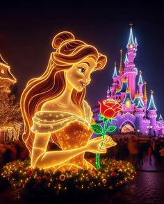 the beauty and the beast light show at disneyland world is lit up for christmas time