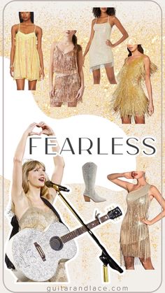 the cover of fearless magazine features images of women in gold dresses and accessories, including an acoustic guitar