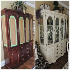 an old china cabinet is painted white and has green trim on the doors, along with a new hutch