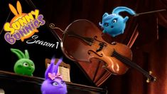 an animated character playing the violin and bunny rabbits in front of a sign that says sunny's bunnies season 1