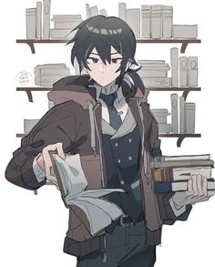 an anime character holding some books in his hand and looking at the camera while standing next to a book shelf