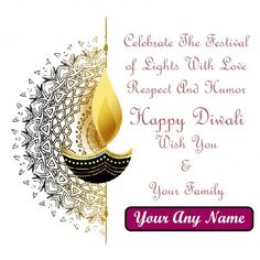 happy diwali wish card with name in english and arabic script on white background