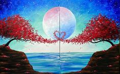 two paintings depicting trees with red leaves and the moon in the sky above them, one is