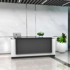 a white and gray reception desk with two planters next to it on the floor