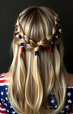 Default long 4th of july hairstyles for blondes 2 Forth Of July Hairstyle, Cute 4th Of July Hairstyles, Patriotic Hairstyles, Hairstyles For Blondes, Blue Braids, Aesthetic Hairstyles, Mountain Adventure