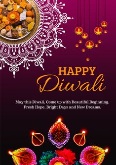 happy diwali greeting card with colorful lights and decorations on purple background for diwali