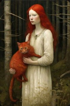 a painting of a woman holding a red cat