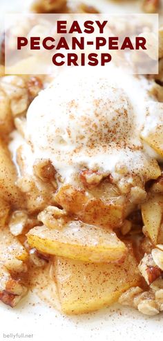 an apple crisp is topped with whipped cream and pecan - pear topping on a white plate