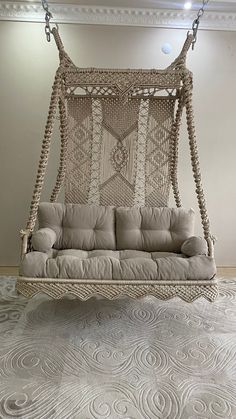 Macrame Double  Garden  Swing Beige cord /Beige colored specially embroidered design swing It is suitable for use in every corner of your home. You can use it on the patio, in the garden or in the book corner if you wish. Models:51x59 inch Diameter Swing - Metal Welded Pulley used on hanger materials chain, mounting bracket and carabiner is included in the set. You can order from the list with or without cushions. Weight limit: 200 kg Ceiling hanger height 200 cm (Please write a message for spec Ceiling Hangers, Garden Hammock, Craft Board, Book Corners, Cozy Room Decor, Macrame Ideas, House Gifts, Macrame Design, Cozy Room