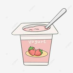 yogurt with strawberries in a plastic container, cartoon, food png and psd