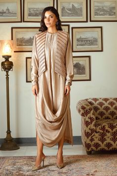 Buy Beige Satin Silk Dress: Round Neck Draped With Embroidered Jacket For Women by Twinkle Hanspal Online at Aza Fashions. Satin Dress With Jacket, Draped Silk Dress, Gown With Jacket, Satin Silk Dress, Kurta Style, Drape Gowns, Color Trends Fashion, Designer Party Wear Dresses, Designer Dresses Casual