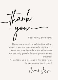 a thank card with the words dear family and friends