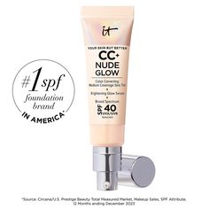 Discover IT® CC+ Nude Glow Lightweight Foundation + Brightening Glow Serum with SPF 40 is the next generation of color-correcting foundation from IT Cosmetics! Our 90% skincare formula with 2% niacinamide, hyaluronic acid and green tea extract delivers an instant healthy glow with 24 hours of skin hydration. The lightweight, fluid skin tint texture provides buildable medium coverage—perfect for achieving that no-makeup makeup look. You’ll get the look of glowy skin instantly, and in just 4 weeks Find Your Foundation Shade, Color Correction Makeup, Makeup Cc, Lightweight Foundation, Skin Tint, Physical Sunscreen, Glow Serum, Chemical Sunscreen, Color Correcting