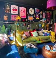 a living room filled with lots of colorful furniture