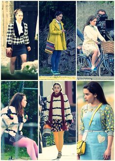 several pictures of women in different outfits, including one wearing a coat and the other with a handbag