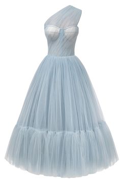 This light blue one-shoulder A-line midi dress features a puffy tulle skirt with a short underskirt, a lace-up corset bustier, and an asymmetrical sheer sleeve. Material: Tulle Composition: 100% polyester Skirt length from waist: 35.4 inches Dress weight: 17.6 lbs Neckline: Heart-shaped Back: Lace-up corset Built-in cups Lining: Light blue short underskirt Machine wash gentle cycle up to 86°F Do not bleach Steam up to 250°F Dry cleaning allowed Do not tumble dry Dry vertical Store hanging with i Blue Full Skirt Prom Dress, Elegant Blue Tulle Corset Dress, Blue Party Dress With Voluminous Skirt, Fitted Light Blue Tulle Ball Gown, A-line Tulle Corset Dress For Prom, Blue Tulle Dress With Boned Bodice, Evening A-line Tulle Corset Dress, Formal Tulle Full Skirt Dress, Fitted Blue Tulle Corset Dress