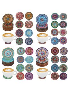 an assortment of colorful plates and cups with designs on them, arranged in the shape of circles