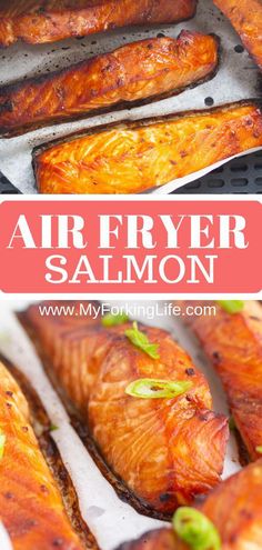 air fryer salmon on a grill with text overlay