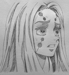 a drawing of a girl with long hair and polka dots on her face, looking to the side