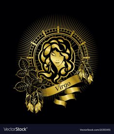 the zodiac sign virgo in gold on a black background with an ornament