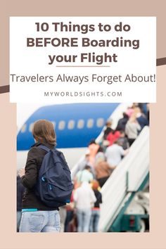 a woman with a backpack walking up stairs to an airplane