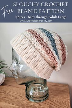 the slouchy crochet beanie pattern is shown on top of a mannequin head