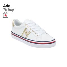 in stock White Lace-up Sneakers With Metallic Logo, Casual White Sneakers With Foil Embossed Logo, Gold Low-top Sneakers With Contrast Sole, Gold Lace-up Sneakers With Metallic Logo, Gold Low-top Sneakers With Metallic Logo, Trendy Gold Low-top Sneakers, Casual Gold Lace-up Sneakers, Gold Low-top Platform Sneakers, Gold Lace-up Synthetic Sneakers