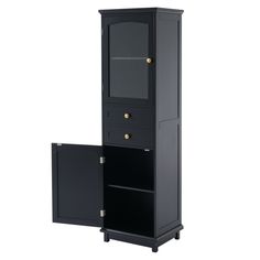 a tall black cabinet with two doors open