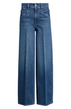 The perfect mix of casual and sophisticated, these neatly creased jeans feature a superhigh waist, seamed pockets and a loose, full-length column silhouette. 31 1/2" inseam; 21" leg opening; 11" front rise; 15" back rise (size 29) Zip fly with button closure Front scoop pockets; back patch pockets 98% cotton, 2% elastane Machine wash, tumble dry Imported Best Wide Leg Jeans For Women, Creased Jeans, Finding Style, Chic Over 50, High Waist Wide Leg Jeans, 2022 Style, Wardrobe Capsule, Latest Jeans, High Rise Wide Leg Jeans