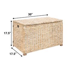 a large wicker storage box with measurements for the top and bottom section on it