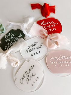 wedding favors with names and date written on them, including one for the bride to be