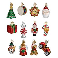 twelve christmas ornaments with santa claus, snowman, and other holiday decorations on white background