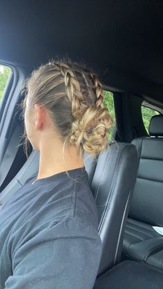 Gymnastics Hairstyles Low Bun, Two Braid Into Bun, Cute Hairstyles For Amusement Parks, Simple Sports Hairstyles, Braid Into Bun Hairstyles, Basketball Hairstyles Curly Hair, Tournament Hairstyles, Field Hockey Hairstyles, Comp Hairstyles