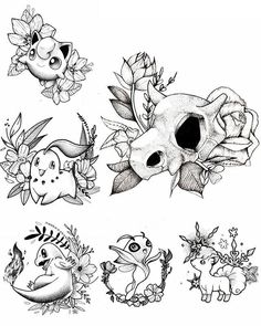 some drawings of different animals and flowers