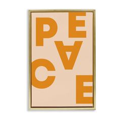 an orange and white poster with the words peace on it's front corner, against a white background