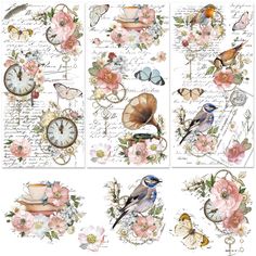 several different images of birds and flowers with clocks in the middle, one has a bird on it's head