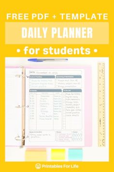 the free printable daily planner for students is shown on top of a yellow background