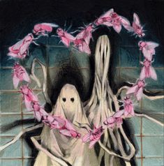 a painting of a ghost with pink flowers around its neck and hands in the air