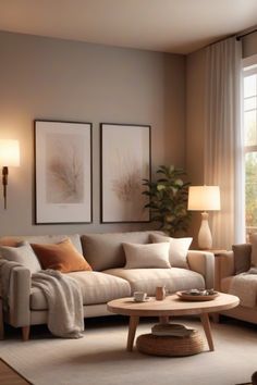 a living room with two couches and a coffee table in front of a window