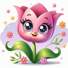 a pink flower with big eyes and stars around it