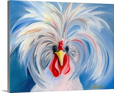 an acrylic painting of a rooster's head with blue and white background