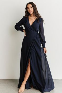 Kelsey Wrap Dress | Navy - Baltic Born Navy Long Dress, Sparkle Gown, Velvet Wrap Dress, Baltic Born, Velvet Maxi Dress, Dusty Rose Dress, Dress Dusty, White Chiffon, Maxi Dress Navy