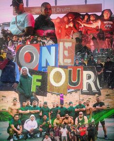 a collage of people posing in front of a one four sign with the words one four on it