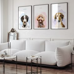 three framed pictures hang on the wall above a white couch